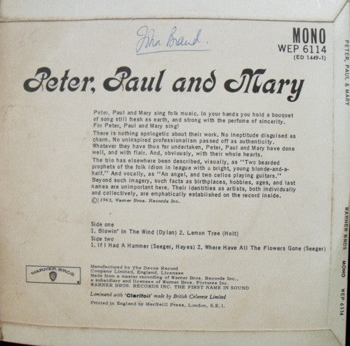 Peter, Paul And Mary* : Peter, Paul And Mary (7", EP, Mono)