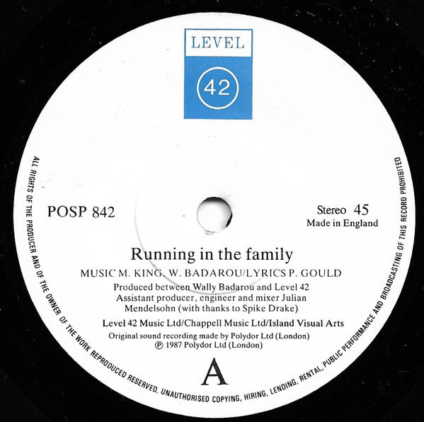 Level 42 : Running In The Family (7", Single, Pap)