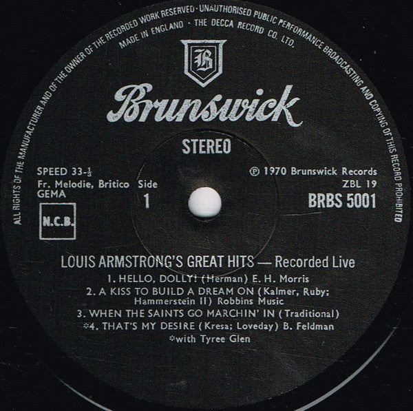 Louis Armstrong : Louis' Great Hits Recorded Live (LP, Album, RE)