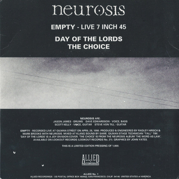 Neurosis : Empty (Live 7 Inch 45) (7", Ltd)