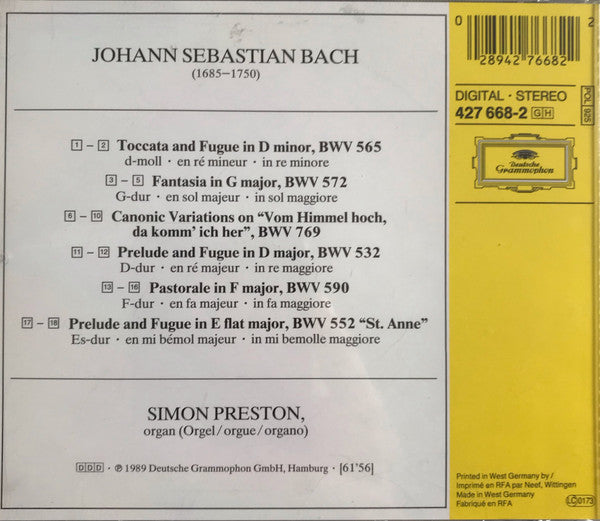 Johann Sebastian Bach, Simon Preston : Toccata & Fugue BWV 565 / Preludes & Fugues BWV 532 & 552 / Fantasia BWV 572 / Pastorale BWV 590 (CD, Album, RE, RP, EDC)