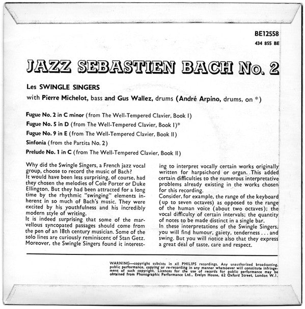 Les Swingle Singers : Jazz Sebastien Bach No. 2 (7", EP)