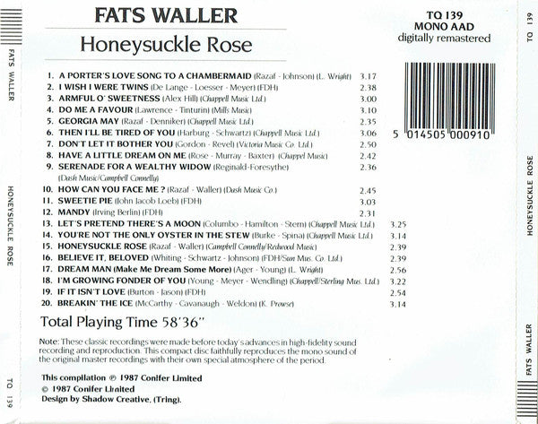 Fats Waller : Honeysuckle Rose (CD, Comp, Mono, RM)