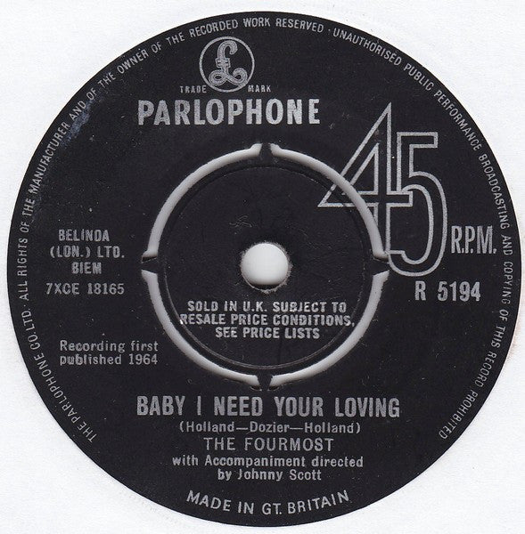 The Fourmost : Baby I Need Your Loving (7", Single)