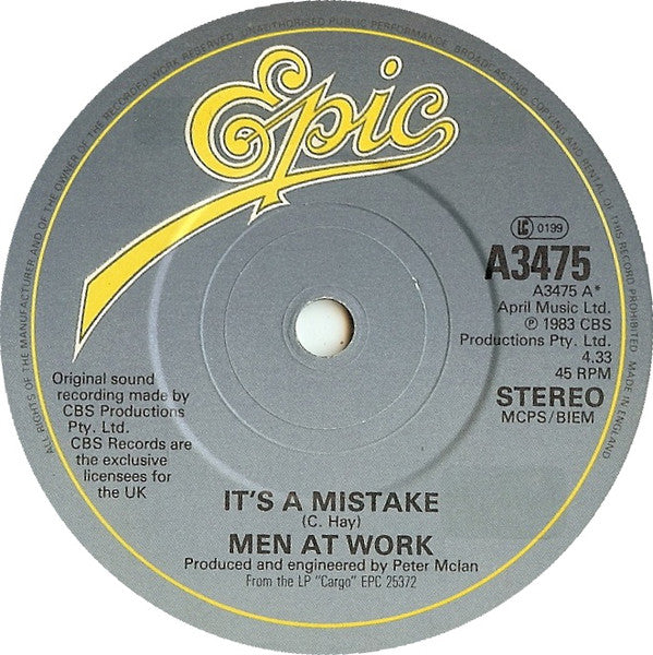 Men At Work : It's A Mistake (7", Single, Pap)