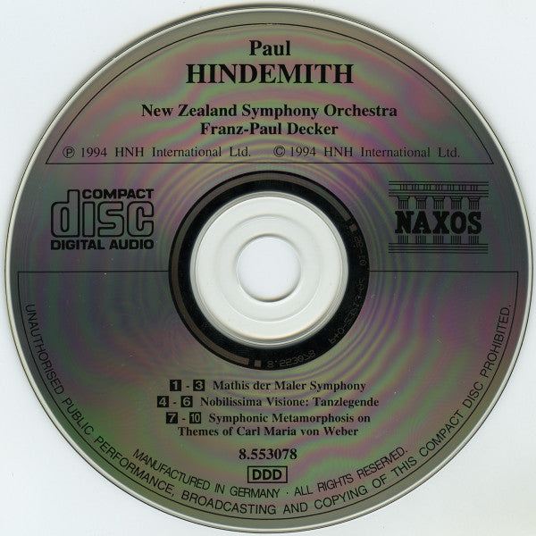 Paul Hindemith, New Zealand Symphony Orchestra, Franz-Paul Decker : Mathis Der Maler Symphony, Nobilissima Visione, Symphonic Metamorphosis (CD, Album)