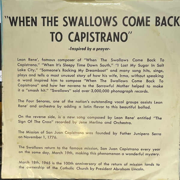 Leon Rene : When The Swallows Come Back To Capistrano (7", Single)