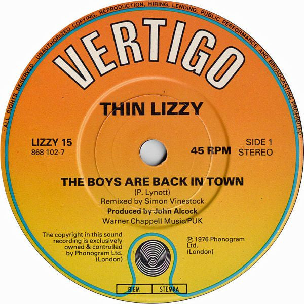 Thin Lizzy : The Boys Are Back In Town (7", Single)