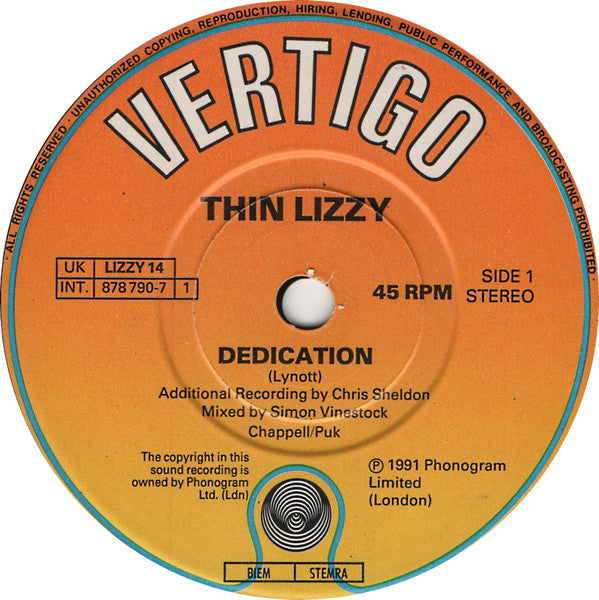 Thin Lizzy : Dedication (7", Single)