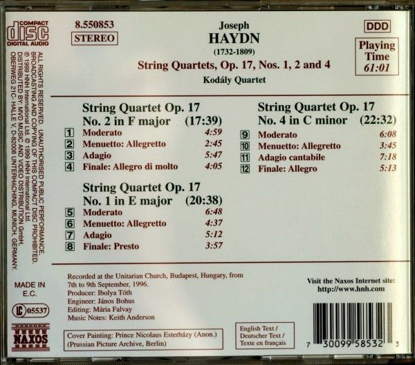 Joseph Haydn / Kodály Quartet : String Quartets Op.17, Nos. 1, 2 And 4 (CD, Album)