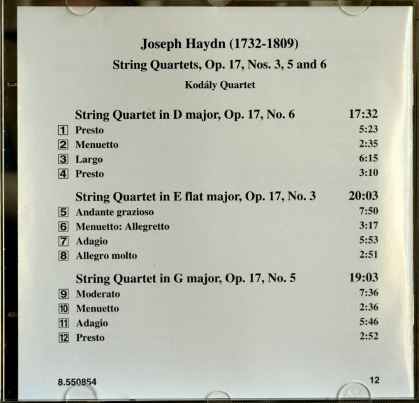 Joseph Haydn / Kodály Quartet : String Quartets Op.17, Nos. 3, 5 And 6 (CD, Album)