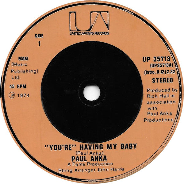 Paul Anka : "You're" Having My Baby (7", Single, Inj)