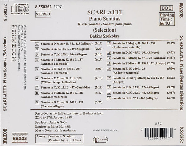 Domenico Scarlatti - Balázs Szokolay : Piano Sonatas (CD, Album, P+O)