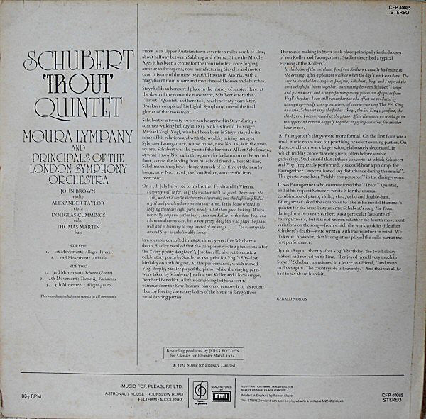 Schubert*, Moura Lympany* And Principals Of The London Symphony Orchestra* : 'Trout' Quintet (LP, Album)