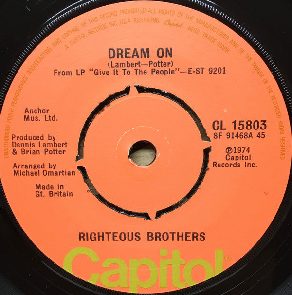 The Righteous Brothers : Dream On / Dr. Rock And Roll (7", Single)