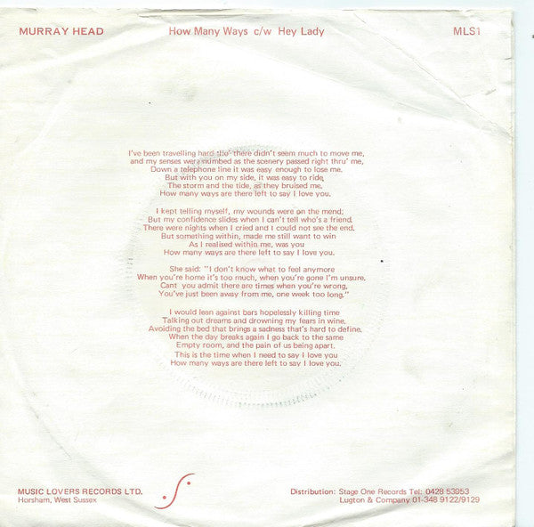 Murray Head : How Many Ways (7", Single)