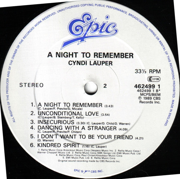 Cyndi Lauper : A Night To Remember (LP, Album)