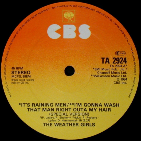 The Weather Girls : It's Raining Men / I'm Gonna Wash That Man Right Outa My Hair (Special Version) (12")