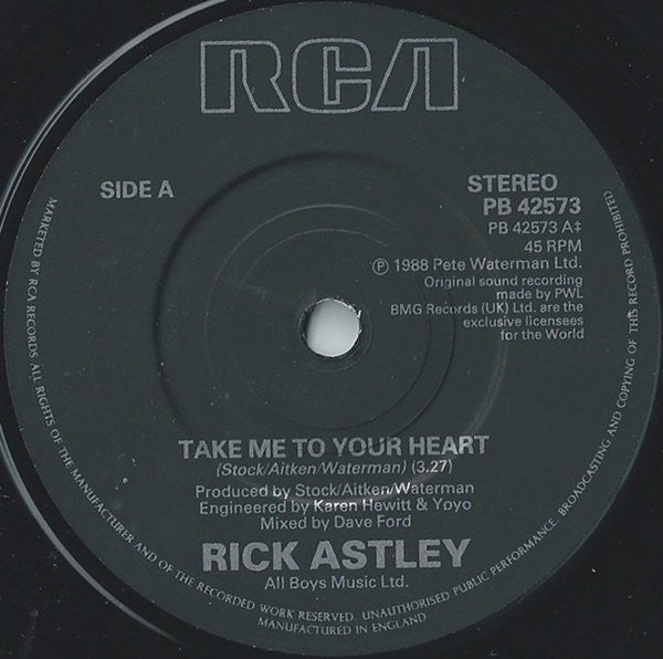 Rick Astley : Take Me To Your Heart (7", Single)