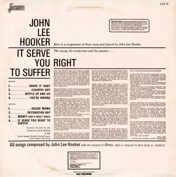 John Lee Hooker : It Serve You Right To Suffer (LP, Album, RE)