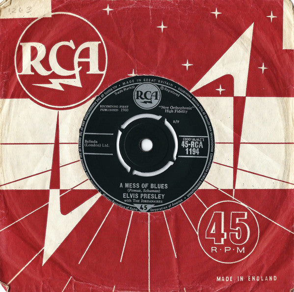 Elvis Presley With The Jordanaires : A Mess Of Blues (7", Single, Mono)