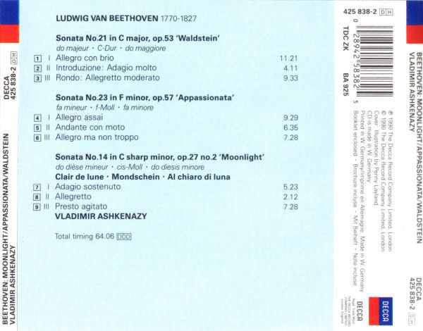 Ludwig van Beethoven, Vladimir Ashkenazy : Moonlight = Mondschein = Clair De Lune · Appassionata · Waldstein (CD, Album)