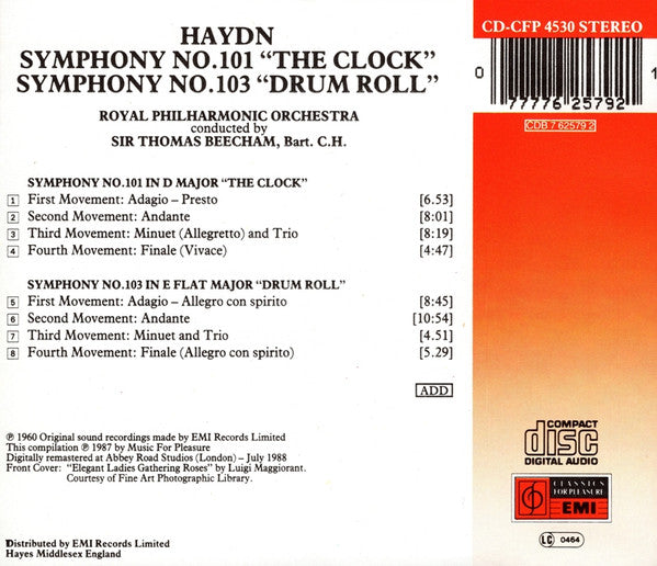 Joseph Haydn, Royal Philharmonic Orchestra, Sir Thomas Beecham : Symphony No. 101 "The Clock" / Symphony No. 103 "Drum Roll" (CD, Comp, RM)