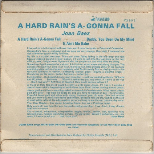 Joan Baez : A Hard Rain's A-Gonna Fall (7", EP, Mono, 3-p)