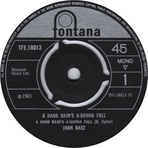 Joan Baez : A Hard Rain's A-Gonna Fall (7", EP, Mono, 3-p)