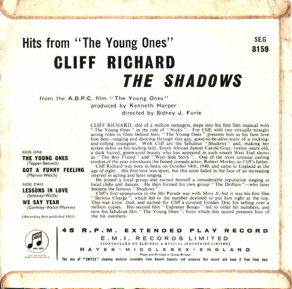 Cliff Richard & The Shadows : Hits From "The Young Ones" (7", EP, Tur)