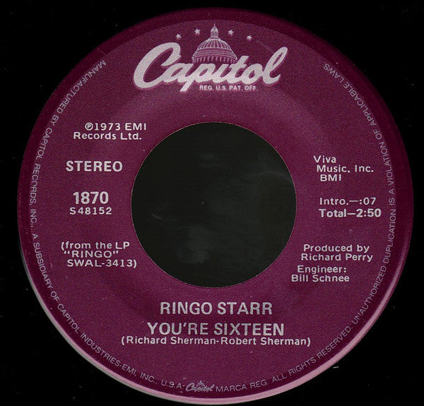 Ringo Starr : You're Sixteen (7", Single, RE, Jac)