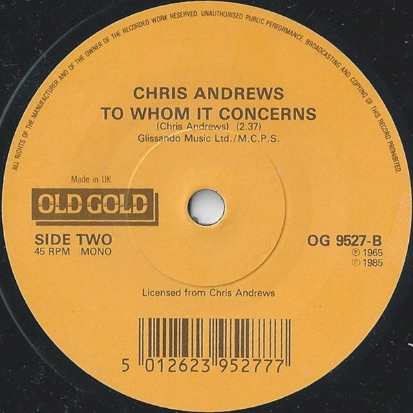 Chris Andrews (3) : Yesterday Man (7", Mono, RE)