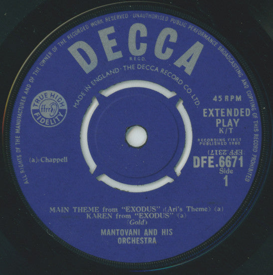 Mantovani : Plays The Theme From Exodus And Other Themes (7", EP, Mono)