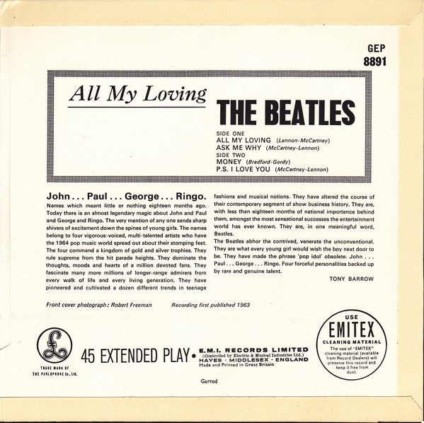 The Beatles : All My Loving (7", EP, Mono, RP)