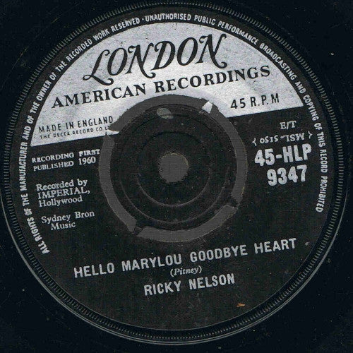 Ricky Nelson (2) : Hello Marylou Goodbye Heart / Travelin' Man (7", Single)