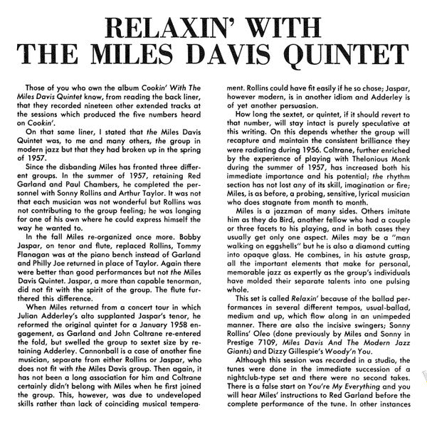The Miles Davis Quintet : Relaxin' With The Miles Davis Quintet (CD, Album, RE, RM, RP)