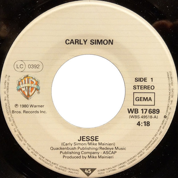 Carly Simon : Jesse (7", Single)