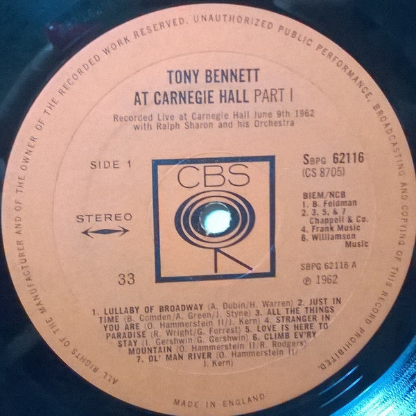 Tony Bennett : Tony Bennett At Carnegie Hall Part I (LP)