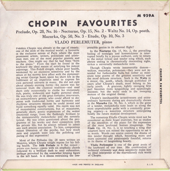 Frédéric Chopin - Vlado Perlemuter : Chopin Favourites (7")