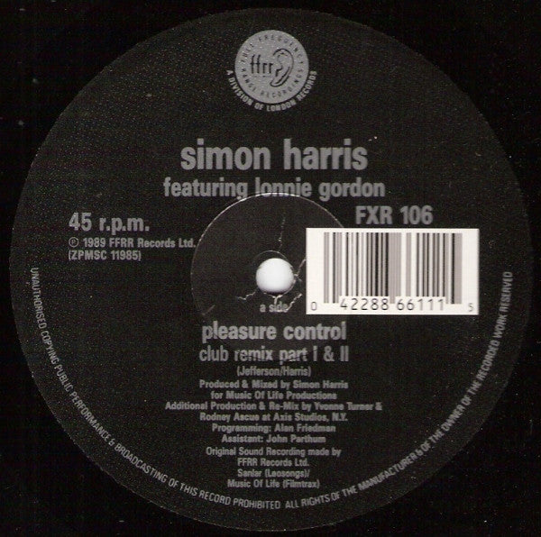 Simon Harris Featuring Lonnie Gordon : I've Got Your Pleasure Control (Club Remix Parts 1 & 2) (12")