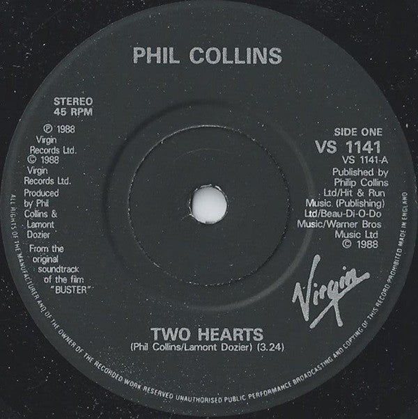 Phil Collins : Two Hearts (7", Single, Bla)