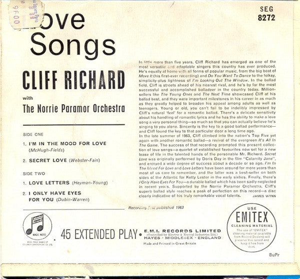 Cliff Richard : Love Songs (7", EP, Mono)