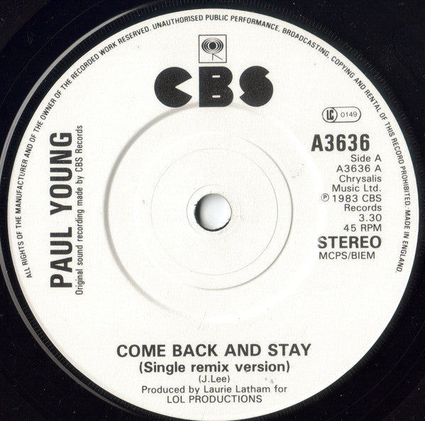 Paul Young : Come Back And Stay (Single Remix Version) (7", Single, Sea)