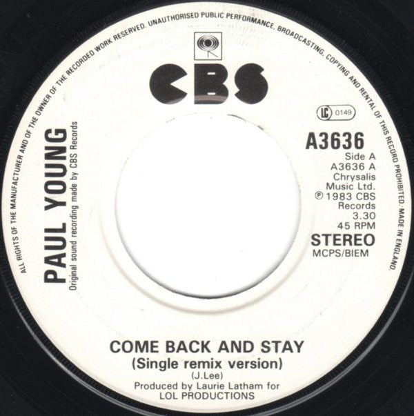 Paul Young : Come Back And Stay (Single Remix Version) (7", Single, Sea)