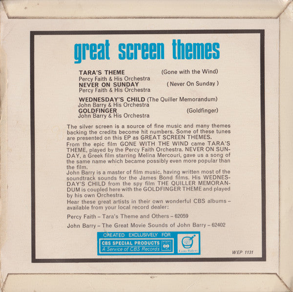 John Barry And His Orchestra* / Percy Faith And His Orchestra* : Great Screen Themes (7", EP)