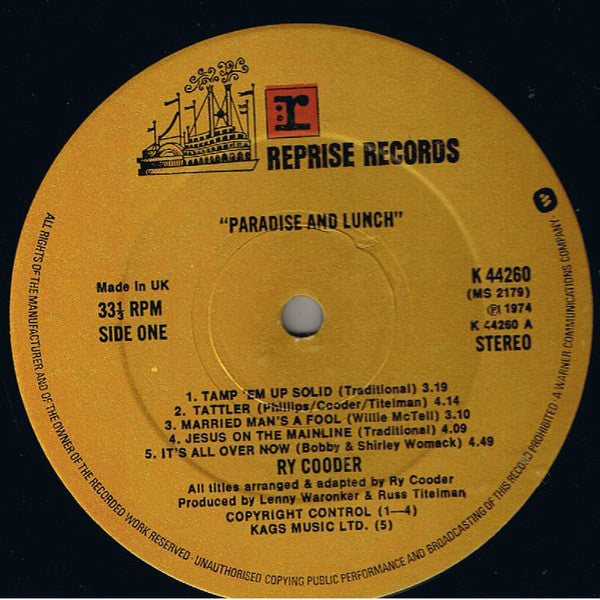 Ry Cooder : Paradise And Lunch (LP, Album, RP)