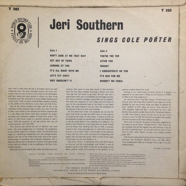 Jeri Southern : Jeri Southern Sings Cole Porter (LP, Album, Mono, Club)