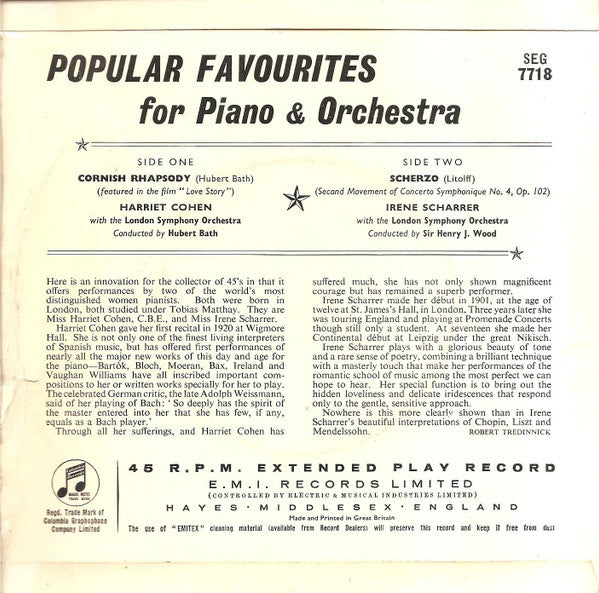 Harriet Cohen / Irene Scharrer With The London Symphony Orchestra* : Popular Favourites For Piano And Orchestra (7", EP)