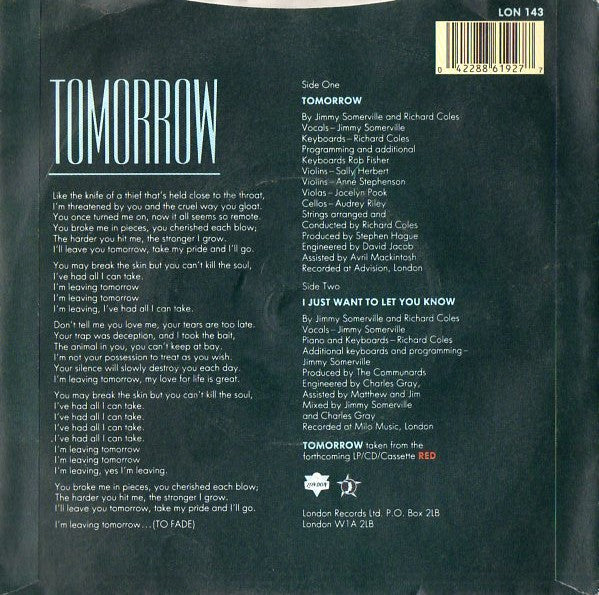 The Communards : Tomorrow (7", Single)