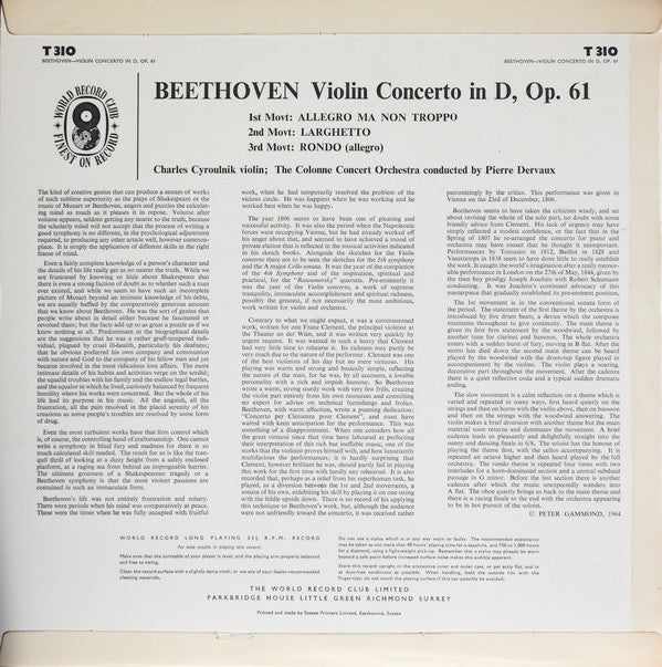 Ludwig Van Beethoven - Charles Cyroulnik, L'Orchestre De L'Association Des Concerts Colonne, Pierre Dervaux (2) : Violin Concerto (LP, Album, Mono, Club)